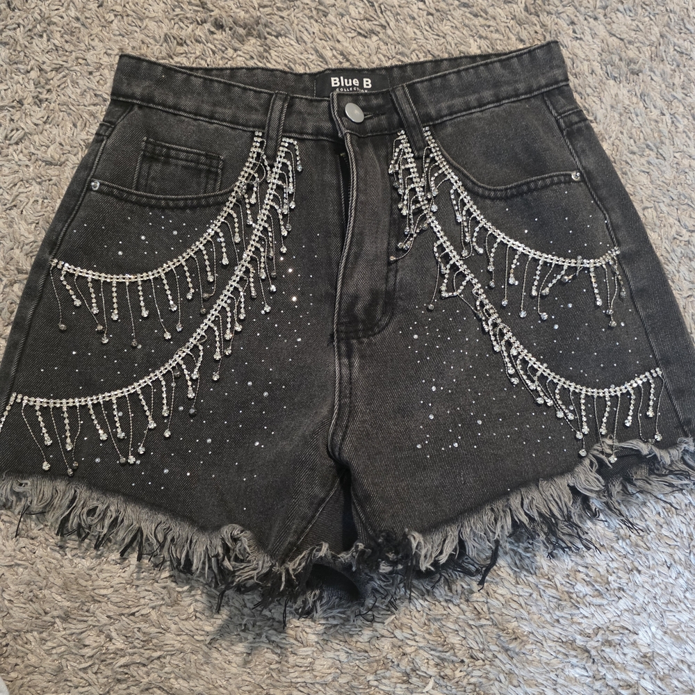 Women's Black Embellished Denim Fringe Shorts